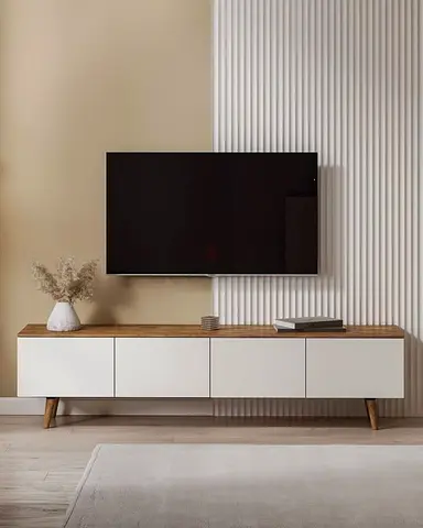 Modern TV Stand with Wood Top and White Cabinets