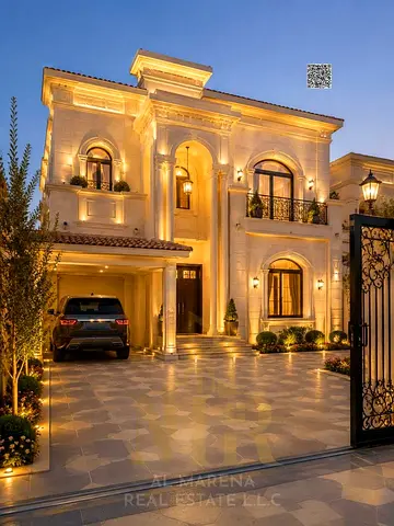 5 bedrooms – living room – hall – electricity, water, air conditioning, and drainage included. Land area 5,000 sq ft – prime location in Al Muwaihat 1