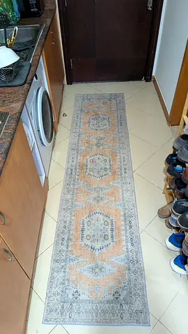 Used narrow runner rug - beige & light blue geometric pattern, 3m approx