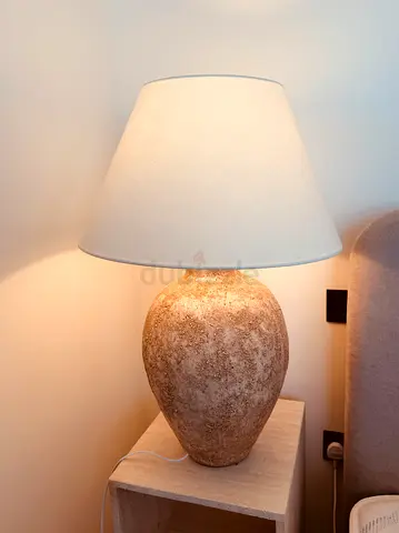 Rustic Ceramic Table Lamp with White Fabric Shade - Rustic Bedside Light