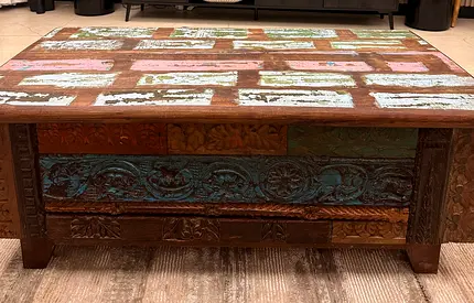 Rustic Reclaimed Wood Coffee Table with Carved Details