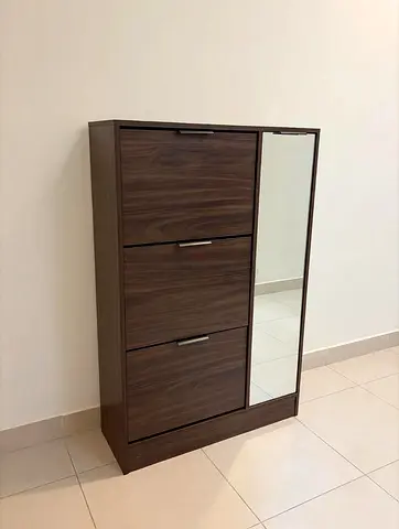 Slim Walnut Shoe Cabinet with Mirror - 3 Drawer