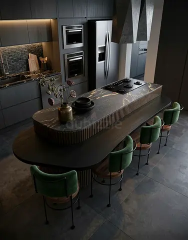 Modern dark wood kitchen island with marble top and 5 stools