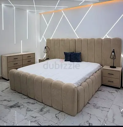 Modern Grey Upholstered Bed Frame with Headboard - Queen