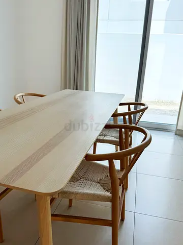 Solid Light Wood Dining Table with 4 Woven Chairs - Modern Minimalist