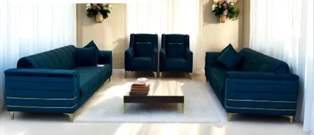 Modern Blue Velvet 3-Seater Sofa Set with 2 Armchairs (Living Room Set)