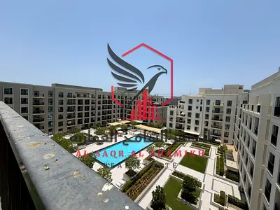 1BR apartment on Maryam Island with a large terrace overlooking the garden and pool, free parking, built-in wardrobes, and free maintenance all year.