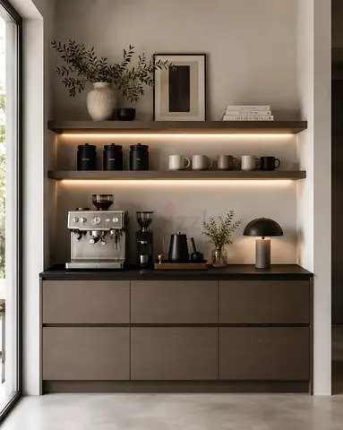 Modern floating shelves and storage cabinet set with integrated LED lighting
