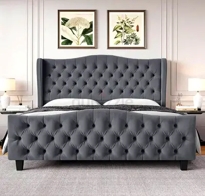 Grey Tufted Upholstered King Bed with Wingback Headboard