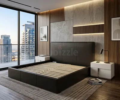 King-size leather platform bed frame with Nightstands