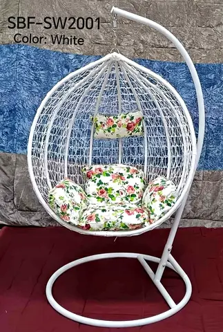 White Hanging Egg Swing Chair with Floral Cushions