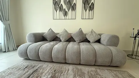 Modern Grey Plush 4-Seater Sofa with Cushions