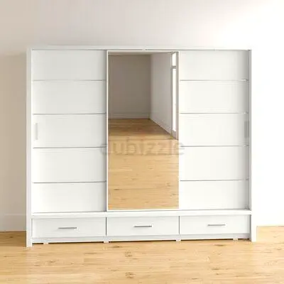 Modern White Sliding Door Wardrobe with Central Mirror and Drawers