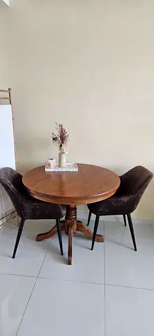 Round Wooden Dining Table with Two Upholstered Chairs - Compact Set