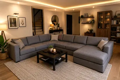 Large L-shaped Grey Fabric Corner Sofa - Comfortable 6-Seater