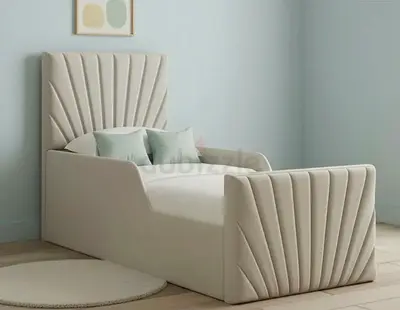 Single upholstered bed with padded headboard and footboard - beige