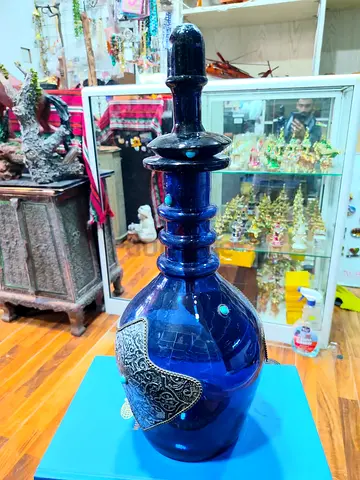Blue Decorative Glass Bottle/Vase with Silver Inlay 46cm height