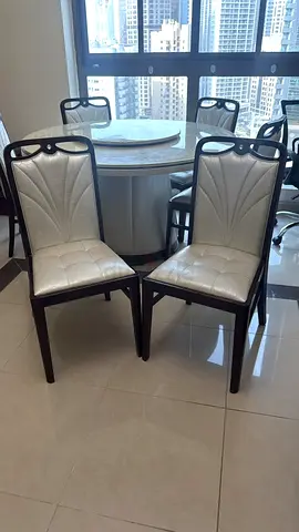 Solid Wood Dining table with  center revolving & chairs( of 6) with Cushioned Seats - Good Condition