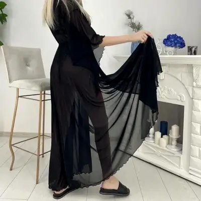 Black Sheer Long Kimono Robe - Light Coverup