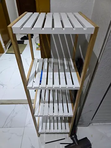 Wooden 4-Tier Slatted Shelf Unit - White & Natural