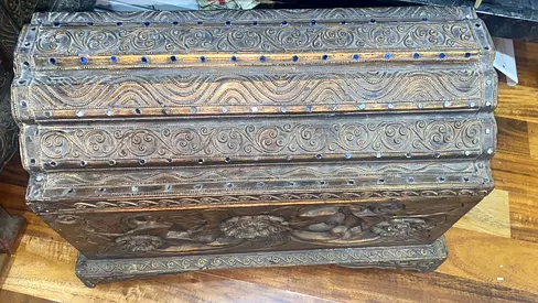 Vintage Hand-Carved Wooden Chest with Metal Inlay-43x29cm