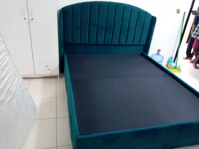 Teal Velvet Double Bed Frame with Padded Headboard - Good Condition