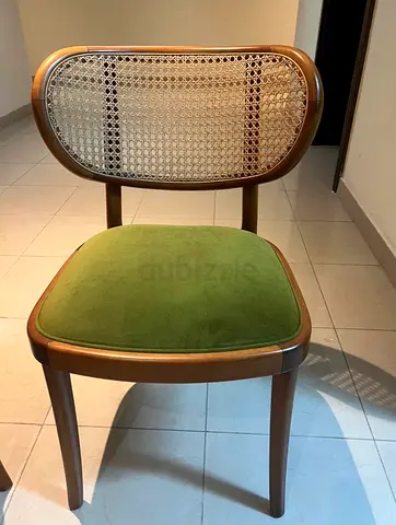Modern Wooden Chair with Cane Back and Green Velvet Seat