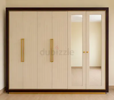 Large 4-Door Wardrobe with Mirror Panels — Beige & Dark Wood Finish
