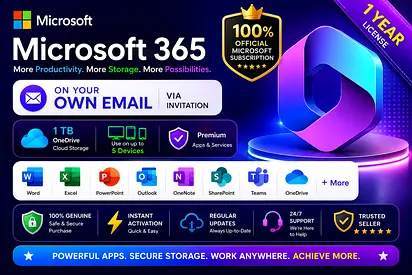 Microsoft Office 365 on Your Email | 12 Months | 1TB OneDrive | Family Invitation