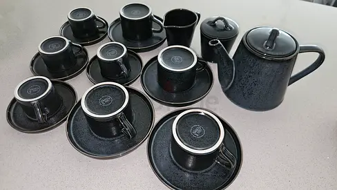 Porcelain Tea Set - Teapot with 6 Cups & Saucers, Black Speckled