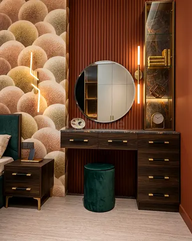 Dark Wood Dressing Table with Mirror and Matching Bedside - Elegant Set