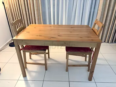 IKEA Solid Pine Wood Dining Table with 2 Matching Chairs - Light Finish