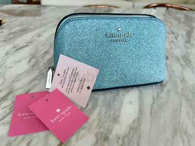 Kate Spade glitter cosmetics pouch - light blue, New