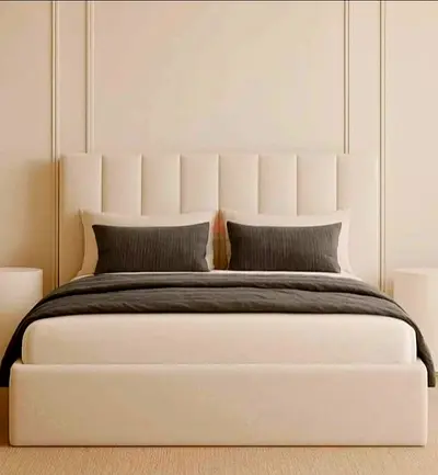 New King Size Upholstered Beige Bed with Padded Headboard and Mattress