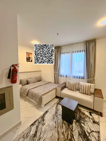 استوديو فاخر للإيجار المفروش VIP - كورنيش عجمان (منطقة النخيل) 🌊استوديو راقٍ ومفروش بالكامل بأثاث مودرن وتشطيبات سوبر ديلوكس في بناية عائلية جديدة