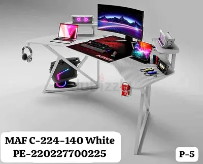 White L-shaped Gaming/Computer Desk with Headset and Cup Holder