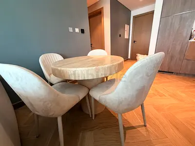 Modern Travertine Style Round Dining Table with 4 Velvet Chairs