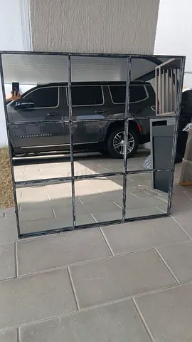 Large Industrial Grid Wall Mirror - Black Metal Frame