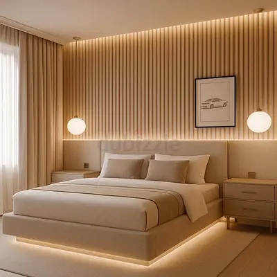Modern beige upholstered platform bed with integrated LED base