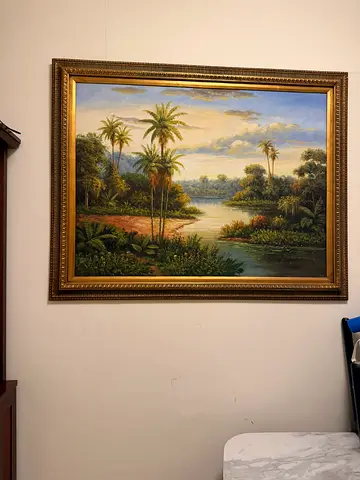 Framed Tropical Landscape Oil Painting with Ornate Gold Frame