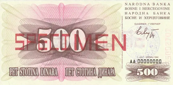 BOSNIA & HERSOGOVINA 500 DINAR OVERPRINT BANKNOTE 1992