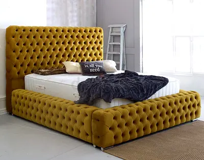 Tufted Velvet King Bed Frame with Headboard and Footboard - Mustard