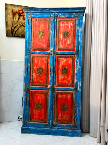Hand-painted Vintage Wooden Wardrobe / Armoire - Blue  Red