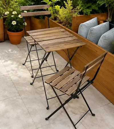 Folding Outdoor Bistro Set - Wooden Table with 2 Chairs