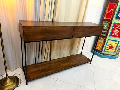 West Elm Wooden Console Table with Lower Shelf and Metal Legs
