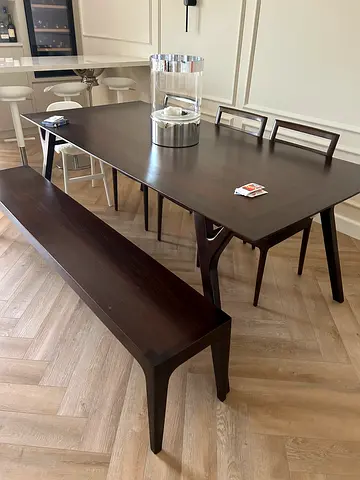 Dark Wood Dining Table with Bench - Seats 6