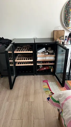 Pair of Wine Coolers with Glass Doors and Wooden Shelves