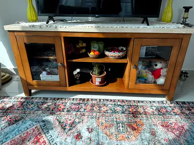 Solid Wood TV Cabinet with Marble Top and Glass Doors - Good Condition. Urgent Sale.