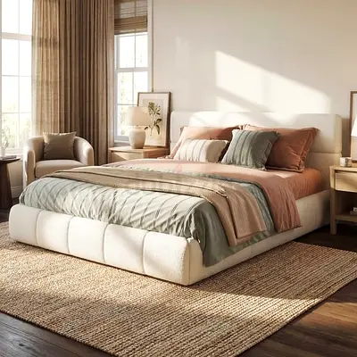 Padded sleek line design boucle super king bed