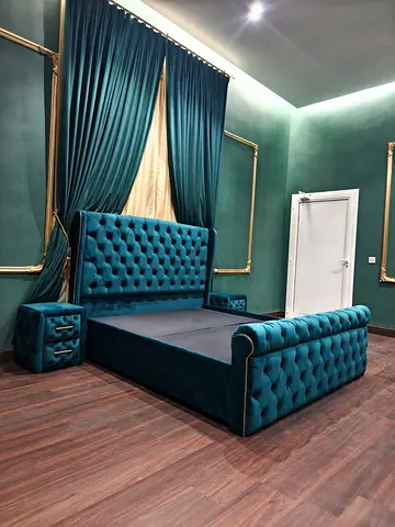Large Teal Velvet Tufted King Bed with Matching Nightstands